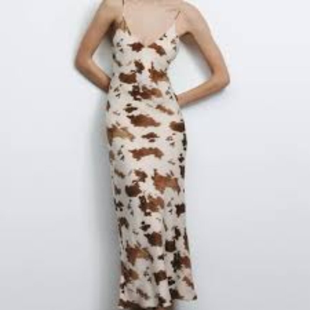 ZARA Satin cow print midi slip dress in cowprint | Large